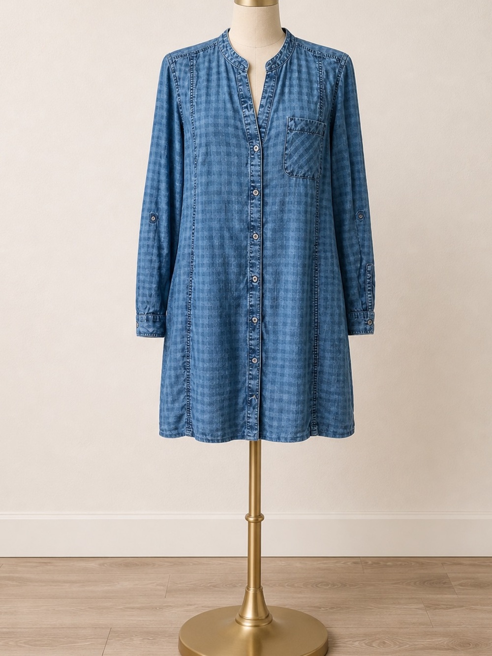 Chambray Shirtdress M Roll-Tab Sleeve Gingham Check Coastal Preppy Tomato Girl - Picture 12 of 12